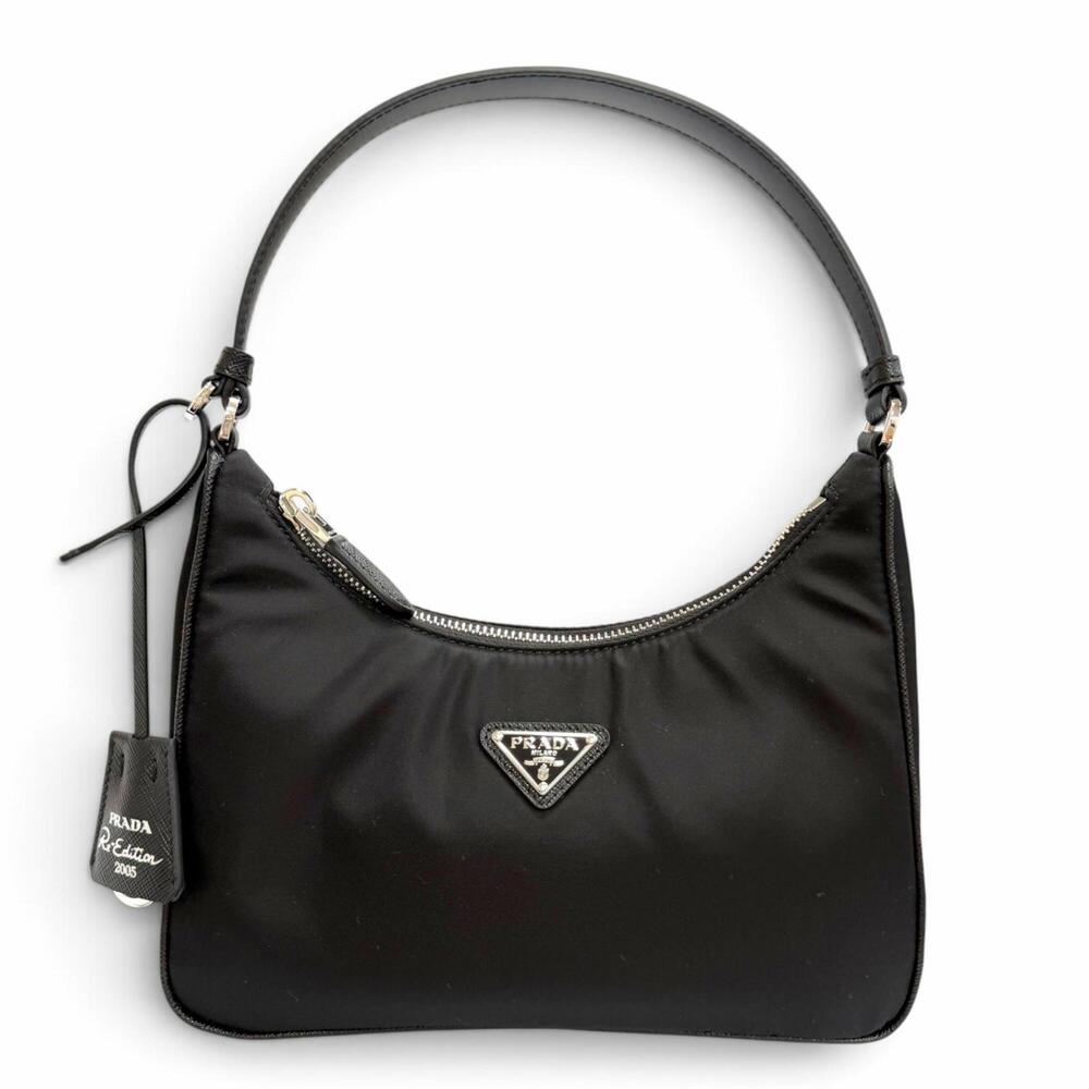 PRADA 1N204X Re-Edition 2005 Re-Nylon Triangle Logo Handbag with Keyring, Bla...